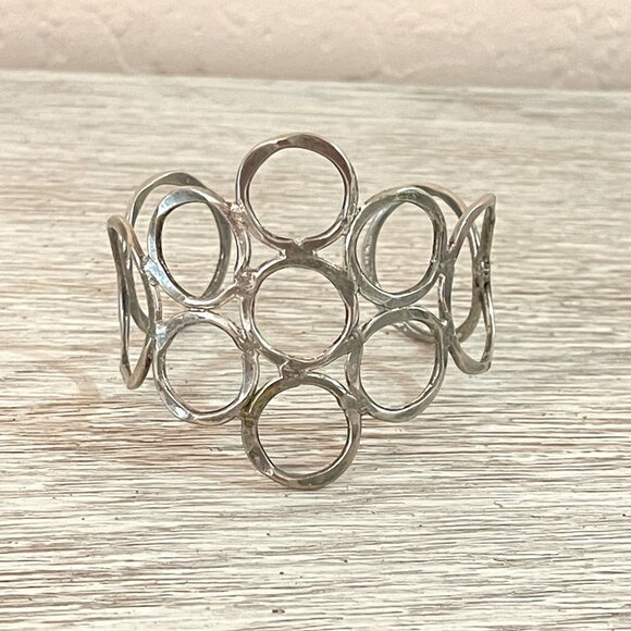 Cuff Bracelet Wide Silver Circles Adjustable Metal - Picture 1 of 8